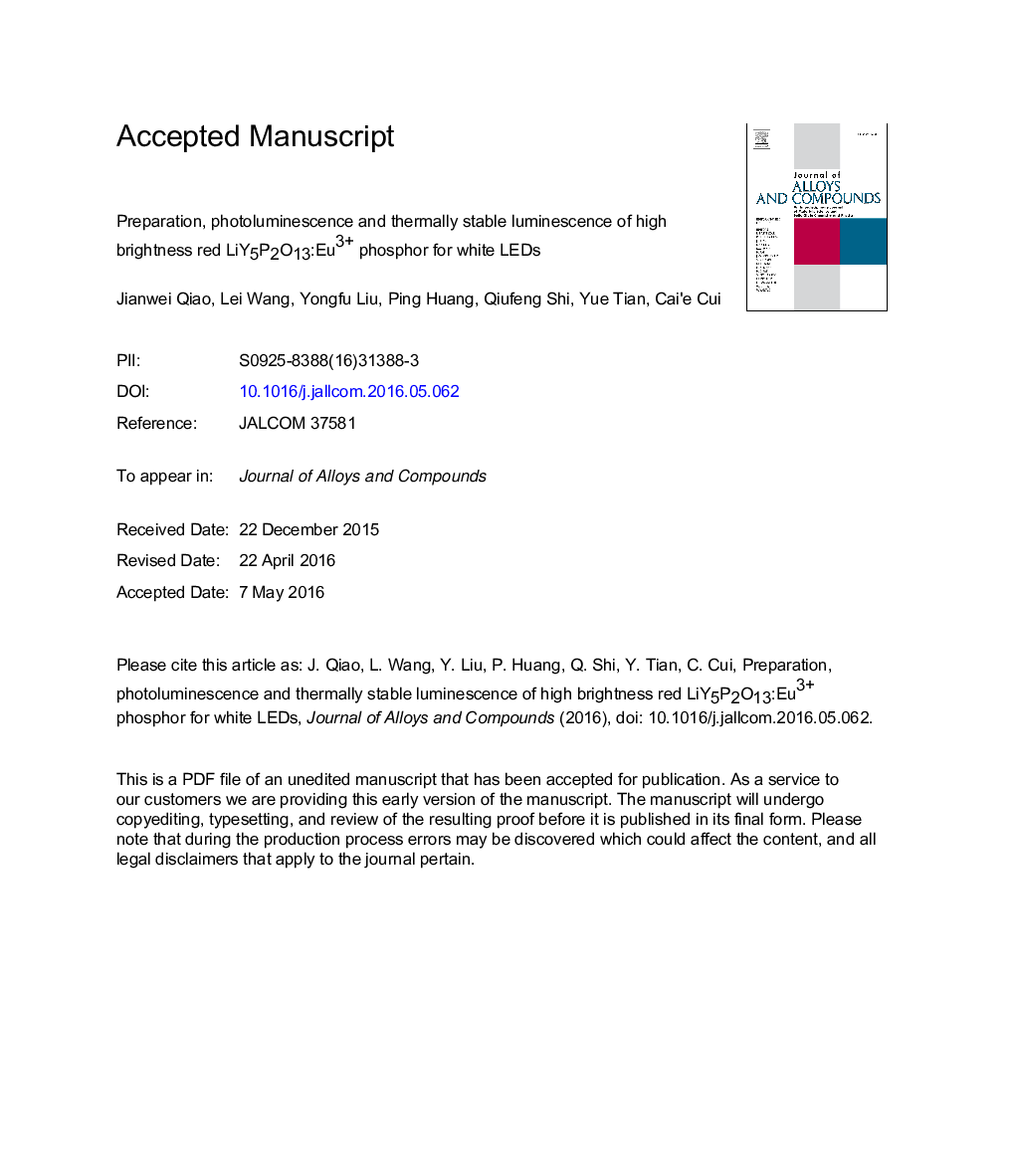 Preparation, photoluminescence and thermally stable luminescence of high brightness red LiY5P2O13:Eu3+ phosphor for white LEDs