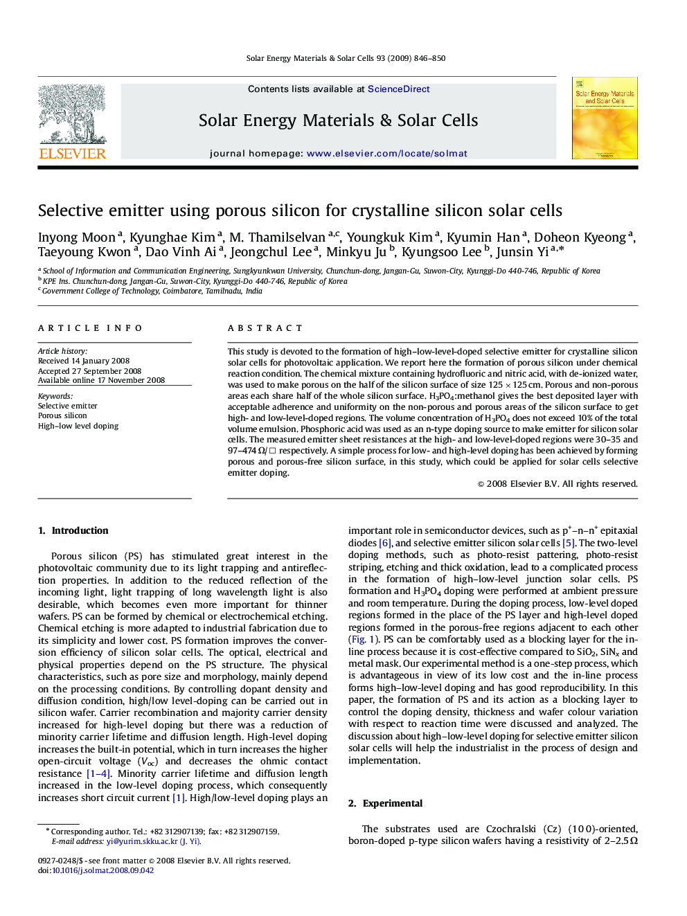 Selective emitter using porous silicon for crystalline silicon solar cells