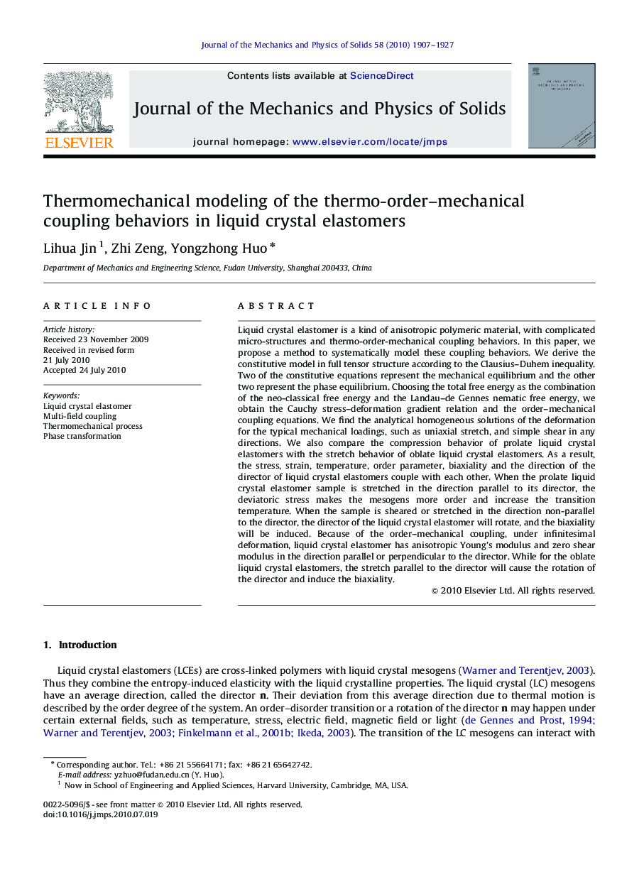 Thermomechanical modeling of the thermo-order–mechanical coupling behaviors in liquid crystal elastomers