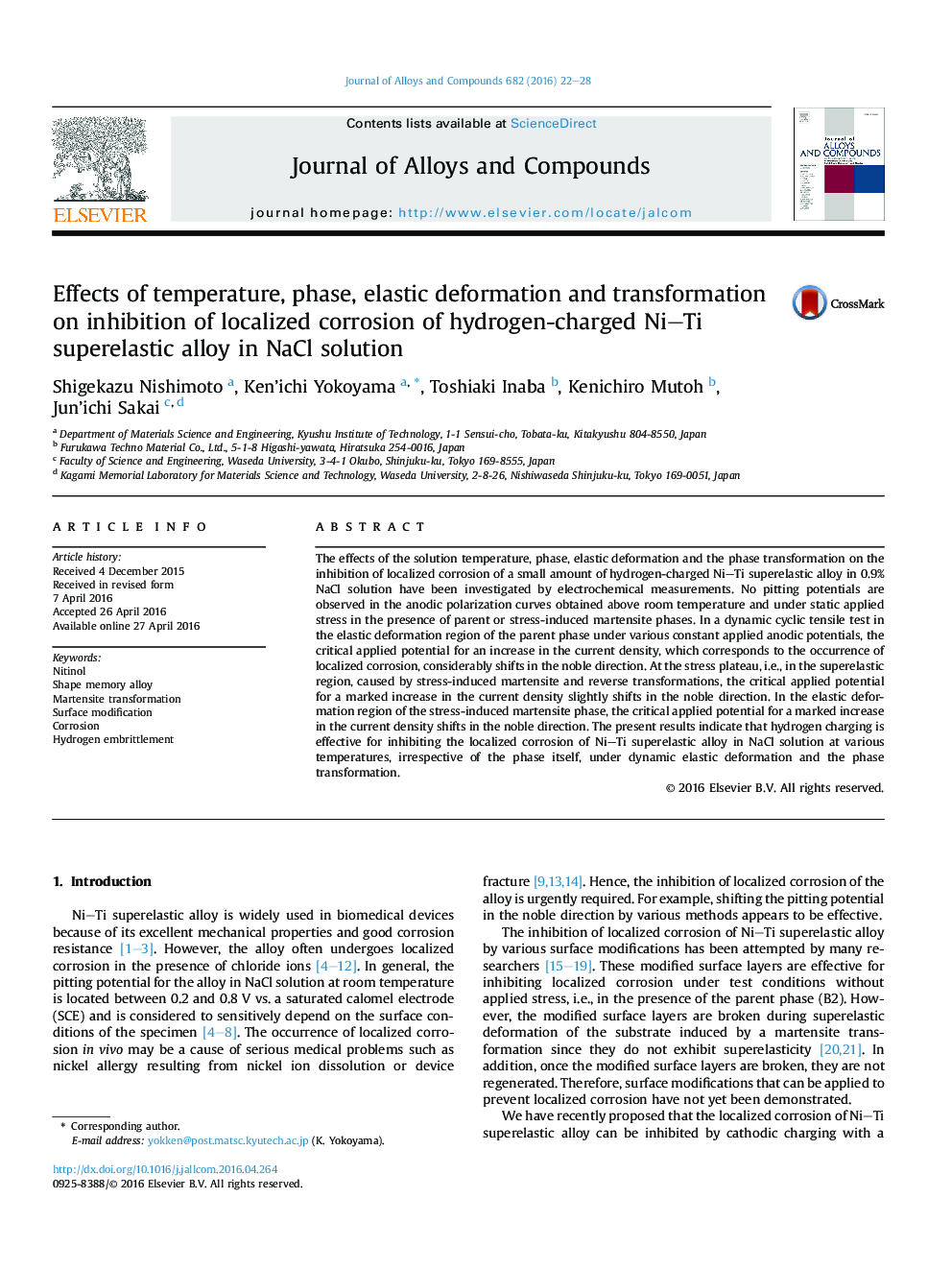 Effects of temperature, phase, elastic deformation and transformation on inhibition of localized corrosion of hydrogen-charged Ni-Ti superelastic alloy in NaCl solution