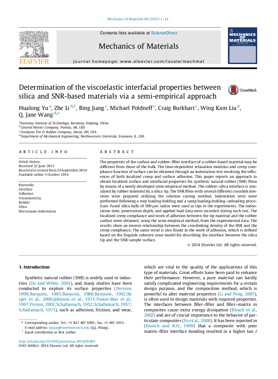 Determination of the viscoelastic interfacial properties between silica and SNR-based materials via a semi-empirical approach