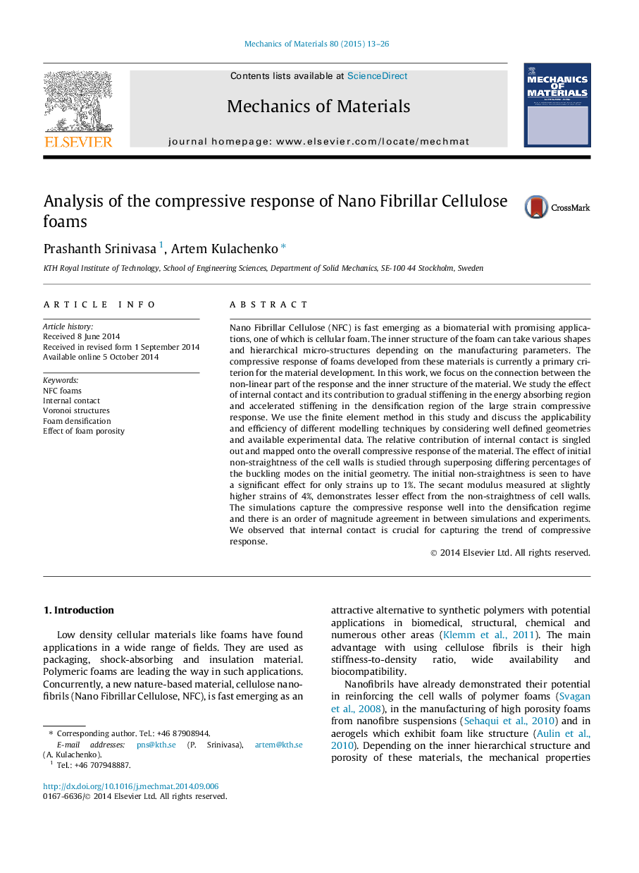 Analysis of the compressive response of Nano Fibrillar Cellulose foams