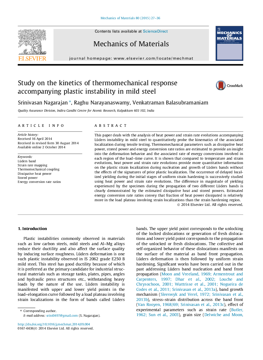 Study on the kinetics of thermomechanical response accompanying plastic instability in mild steel