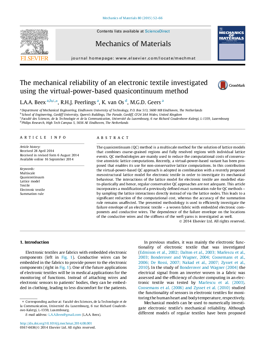 The mechanical reliability of an electronic textile investigated using the virtual-power-based quasicontinuum method