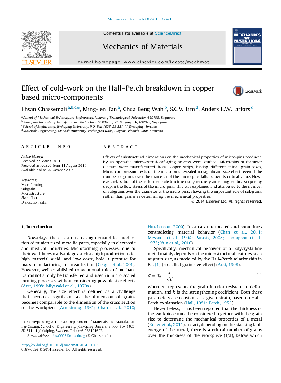 Effect of cold-work on the Hall–Petch breakdown in copper based micro-components