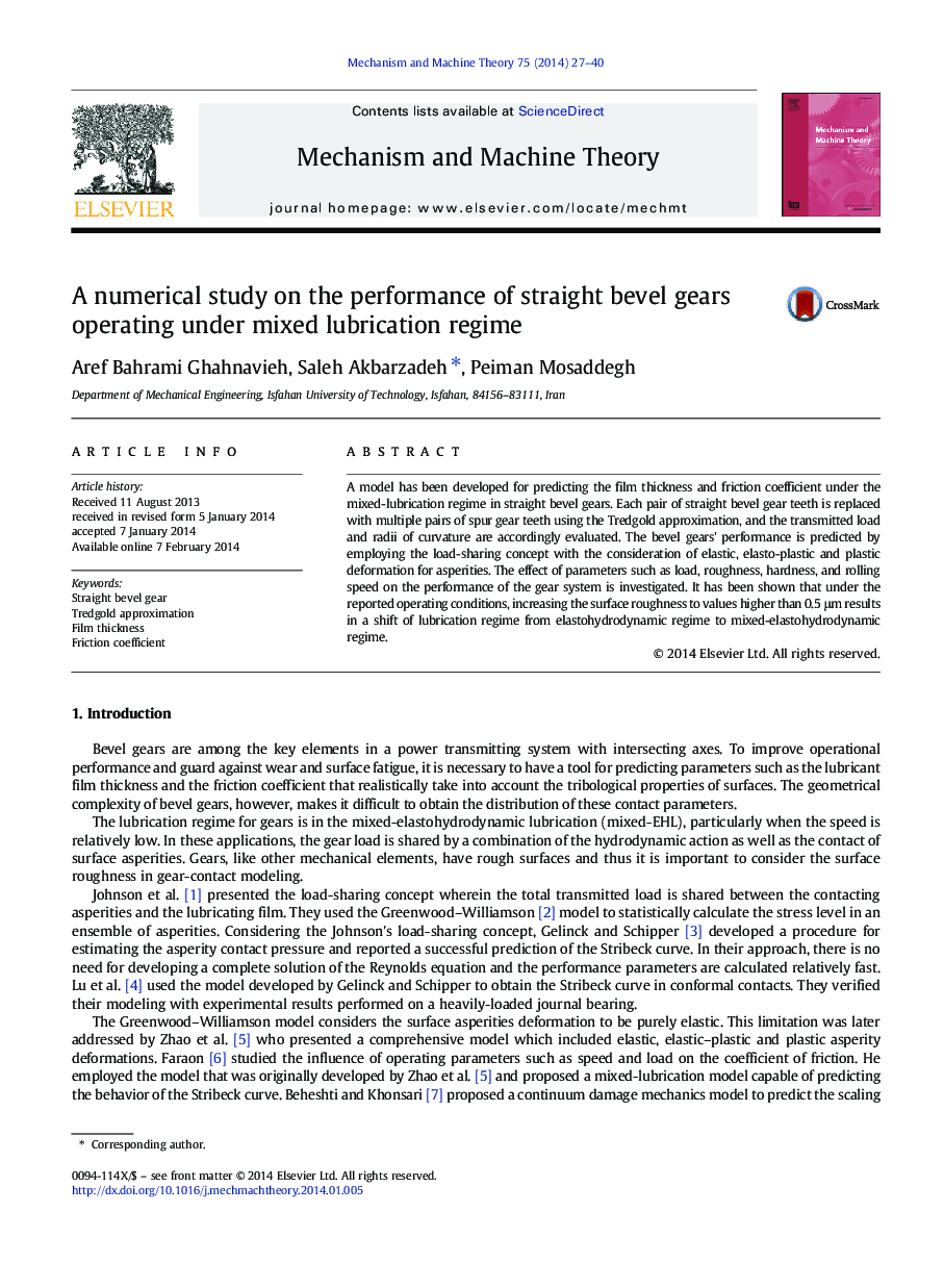 A numerical study on the performance of straight bevel gears operating under mixed lubrication regime