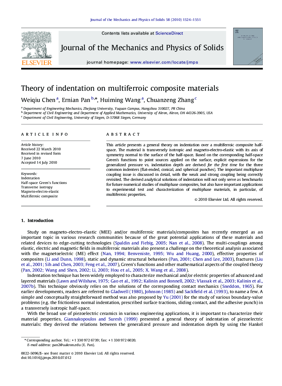 Theory of indentation on multiferroic composite materials