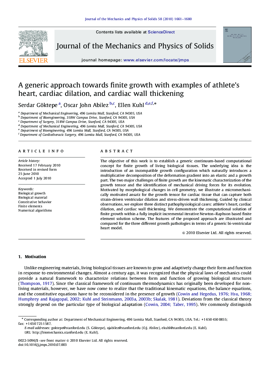 A generic approach towards finite growth with examples of athlete's heart, cardiac dilation, and cardiac wall thickening