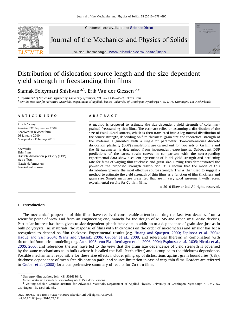 Distribution of dislocation source length and the size dependent yield strength in freestanding thin films