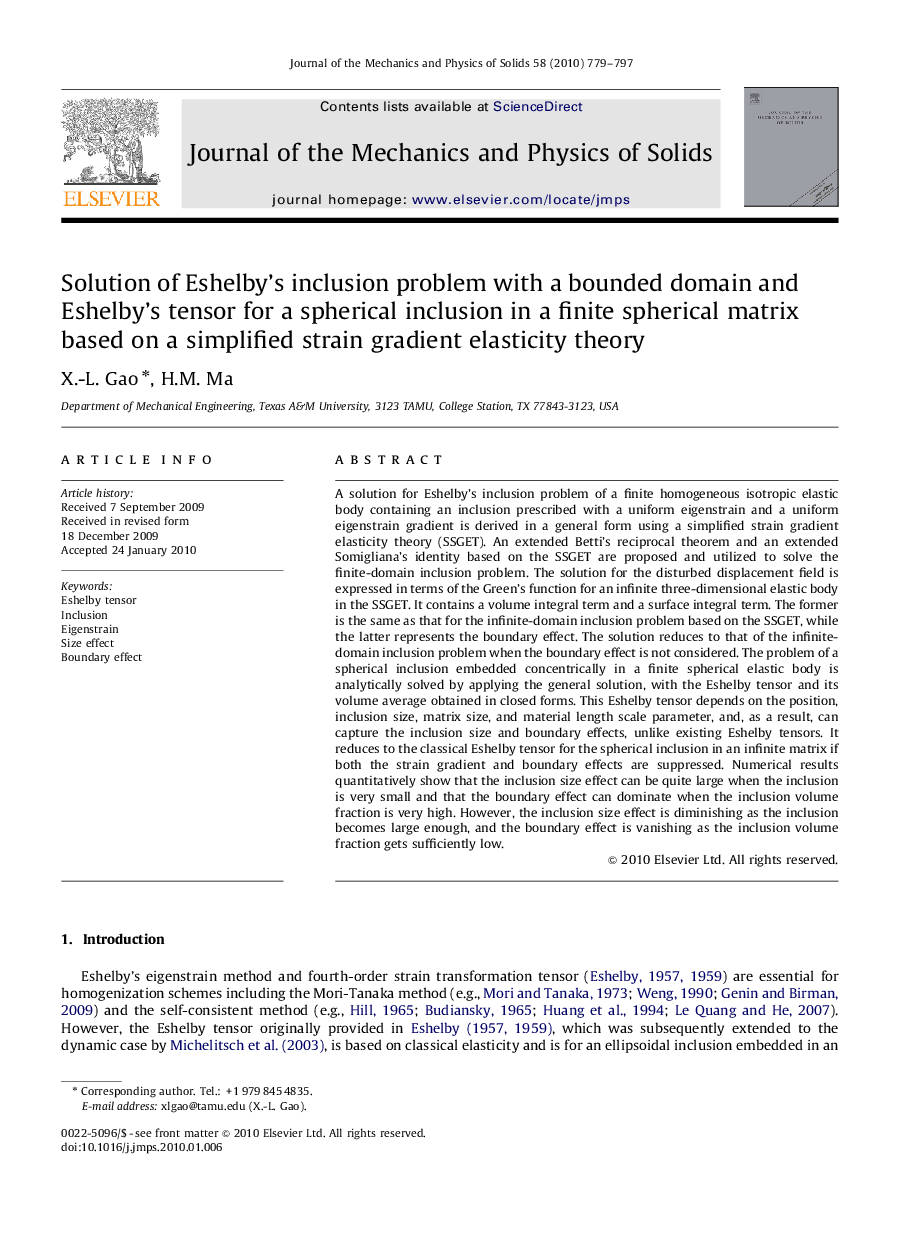 Solution of Eshelby's inclusion problem with a bounded domain and Eshelby's tensor for a spherical inclusion in a finite spherical matrix based on a simplified strain gradient elasticity theory