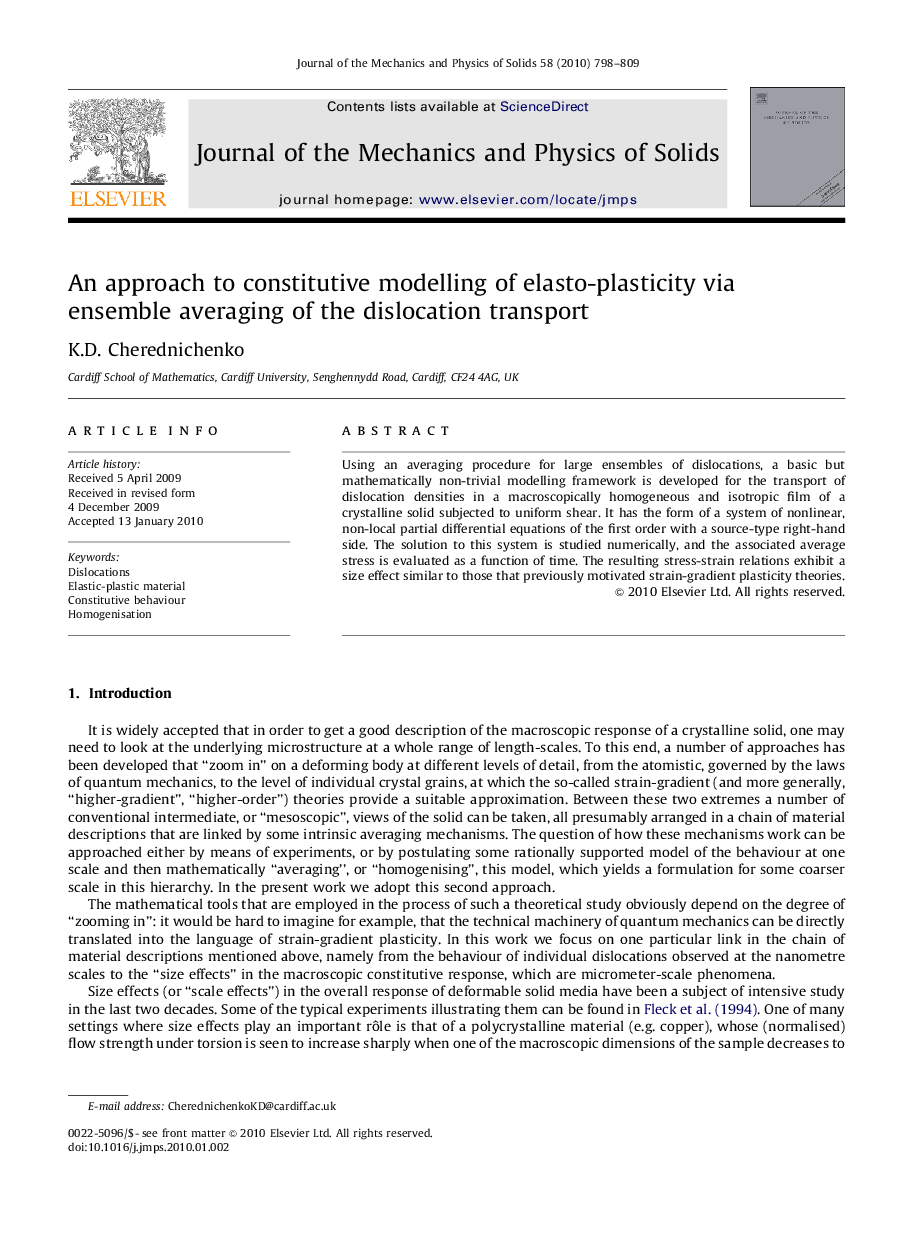 An approach to constitutive modelling of elasto-plasticity via ensemble averaging of the dislocation transport