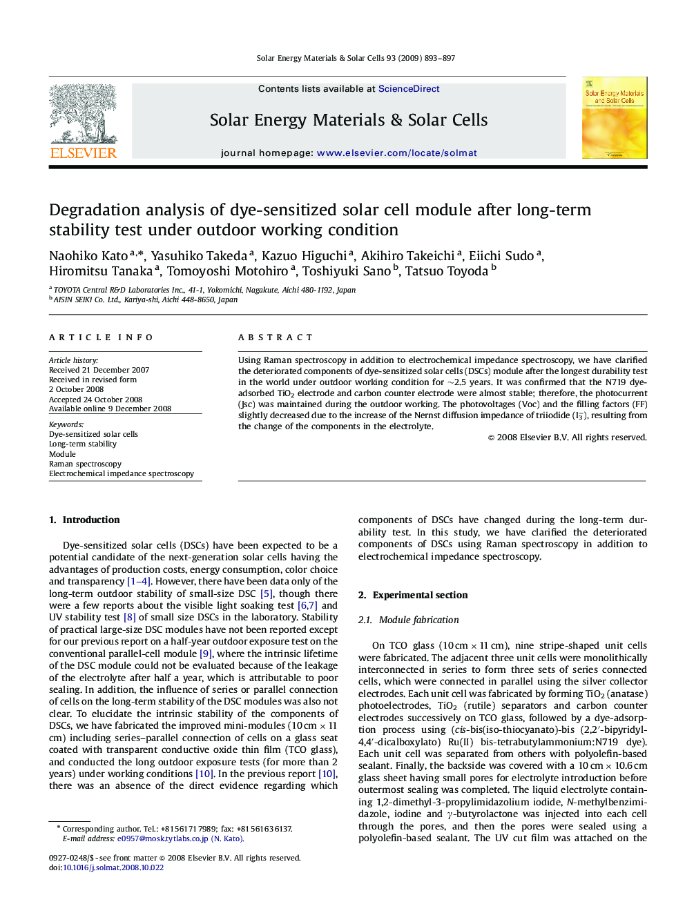 Degradation analysis of dye-sensitized solar cell module after long-term stability test under outdoor working condition