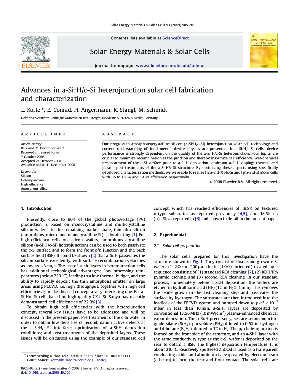 Advances in a-Si:H/c-Si heterojunction solar cell fabrication and characterization