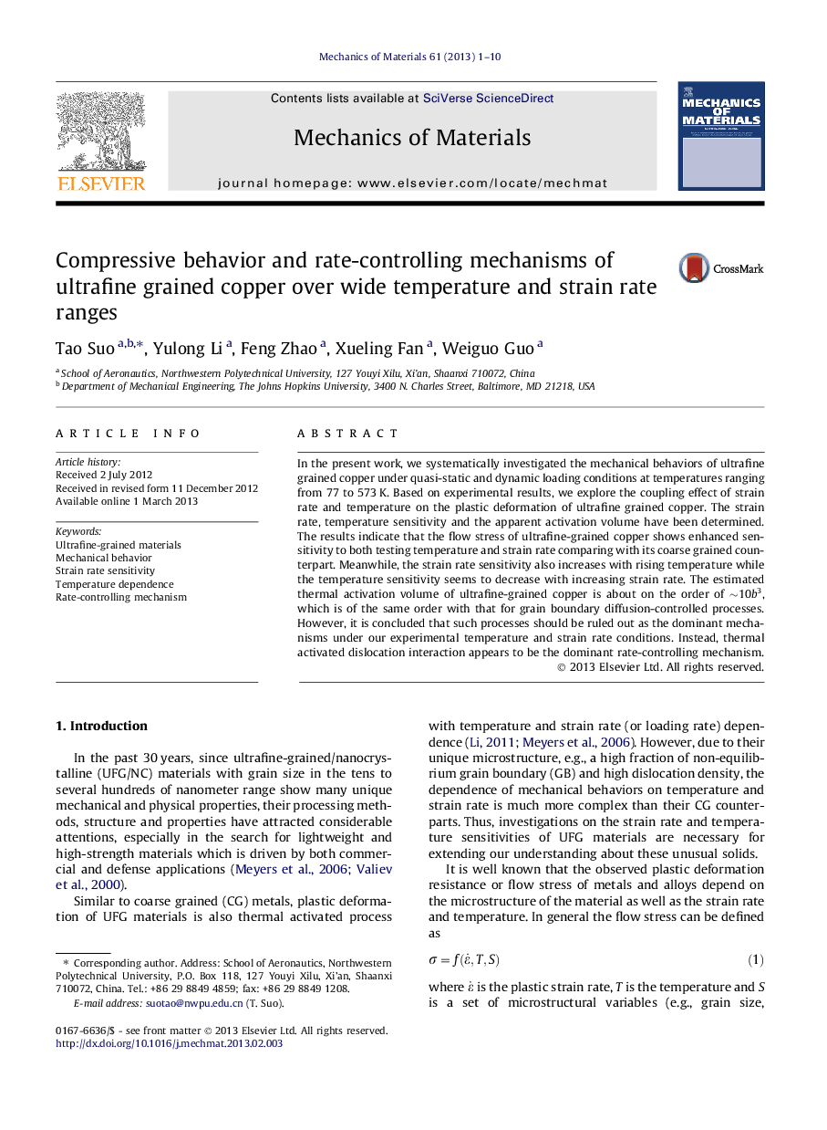 Compressive behavior and rate-controlling mechanisms of ultrafine grained copper over wide temperature and strain rate ranges