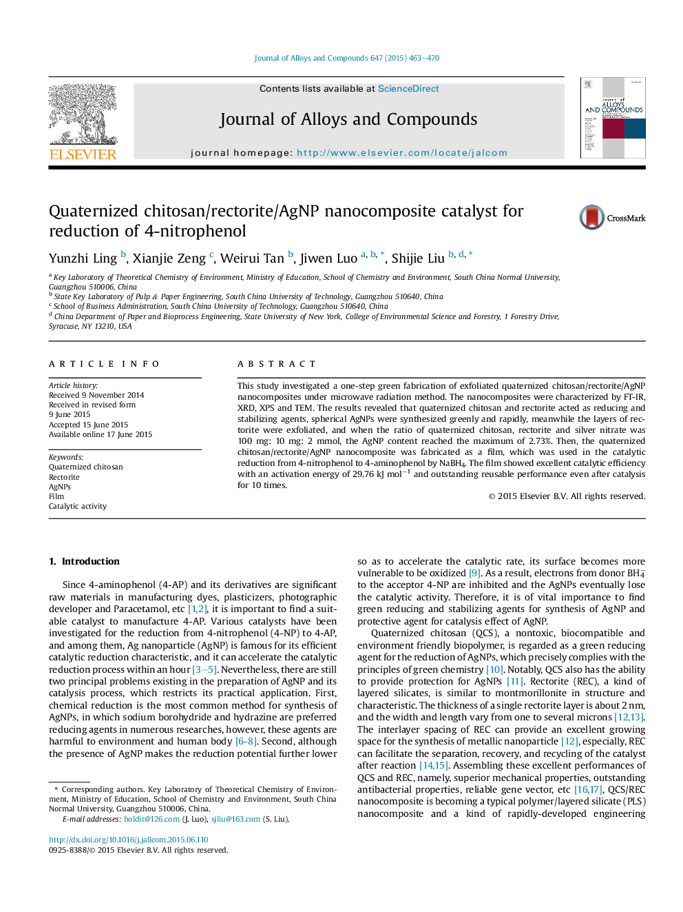 Quaternized chitosan/rectorite/AgNP nanocomposite catalyst for reduction of 4-nitrophenol