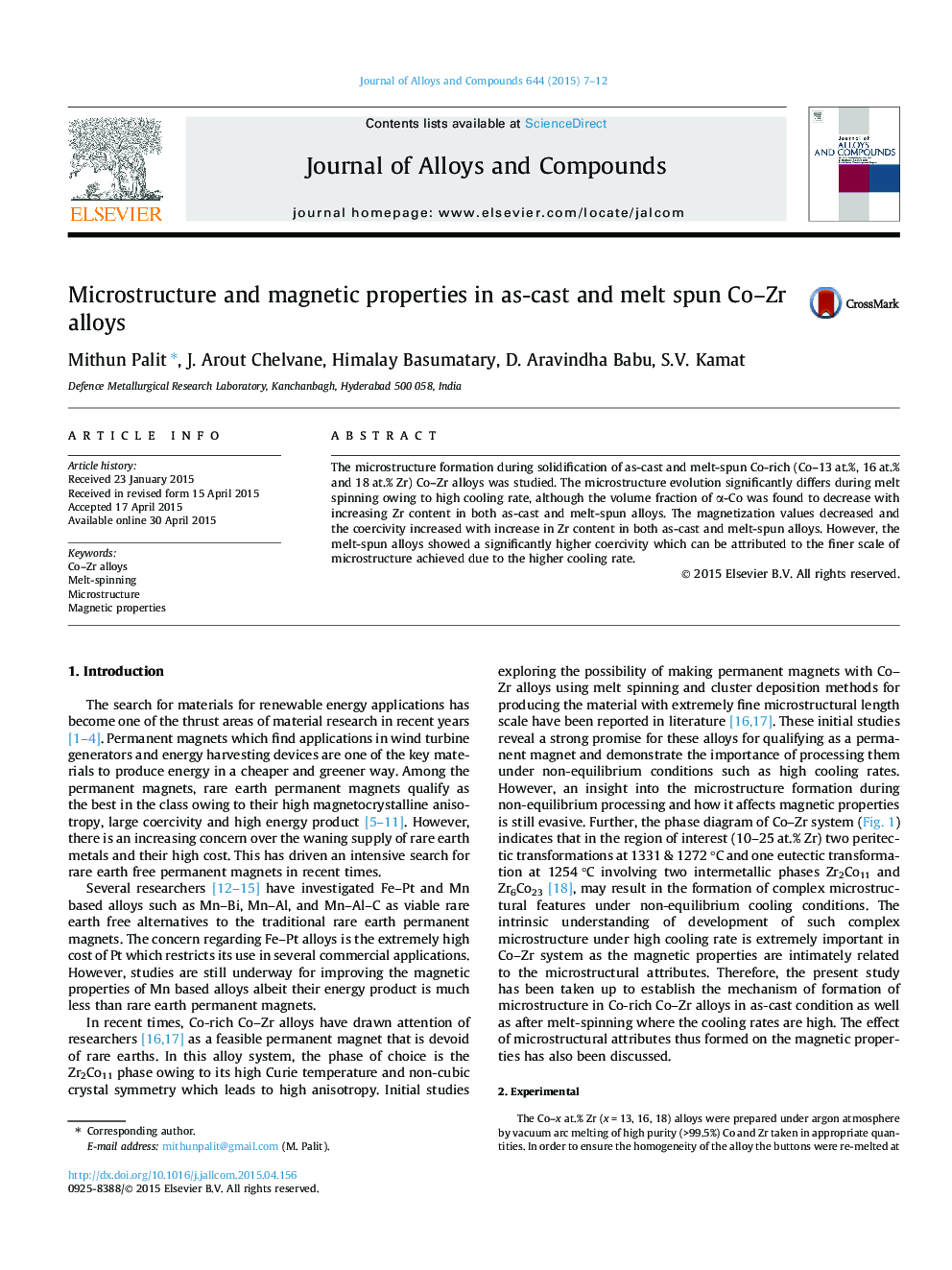 عکس صفحه اول مقاله: Microstructure and magnetic properties in as-cast and melt spun Co-Zr alloys Microstructure and magnetic properties in as-cast and melt spun Co-Zr alloys