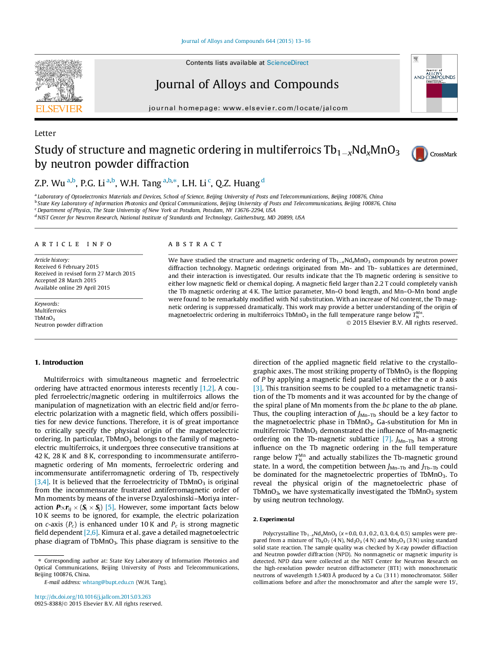 عکس صفحه اول مقاله: Study of structure and magnetic ordering in multiferroics Tb1âxNdxMnO3 by neutron powder diffraction Study of structure and magnetic ordering in multiferroics Tb1âxNdxMnO3 by neutron powder diffraction