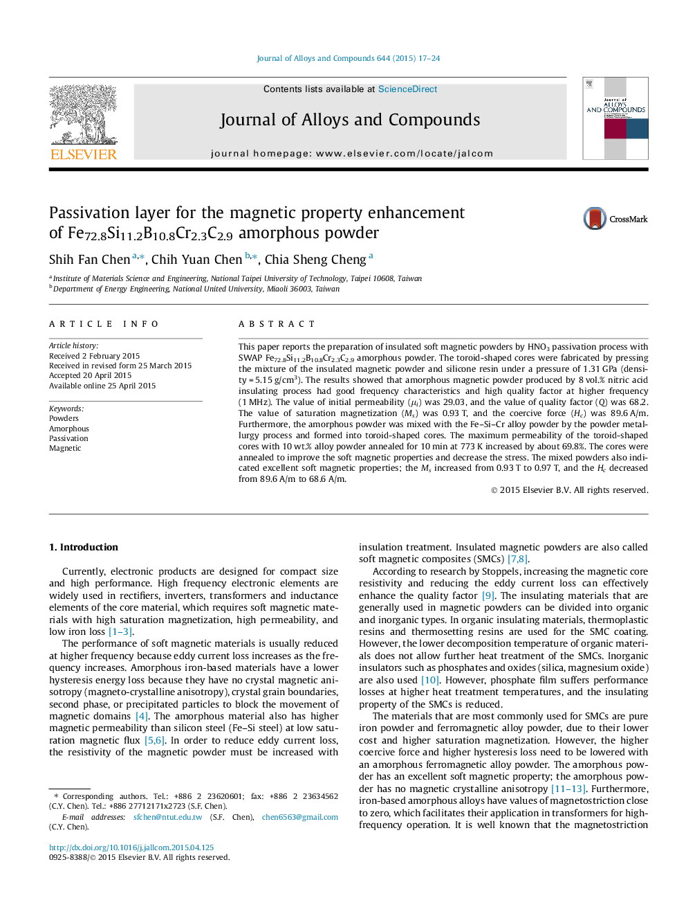 Passivation layer for the magnetic property enhancement of Fe72.8Si11.2B10.8Cr2.3C2.9 amorphous powder