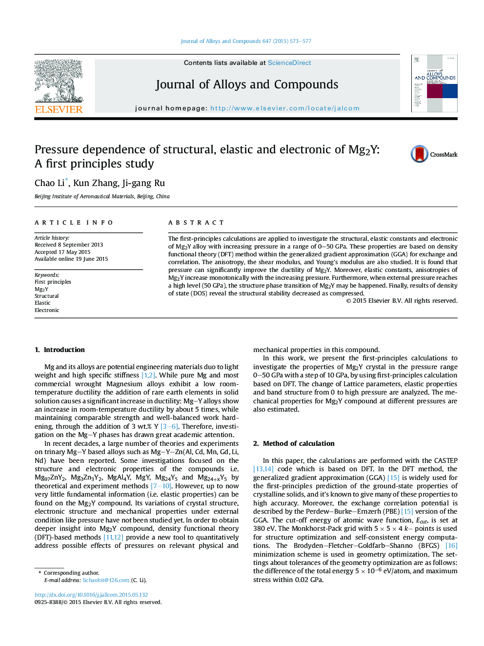 Pressure dependence of structural, elastic and electronic of Mg2Y: AÂ first principles study