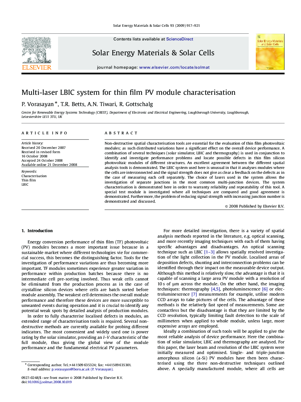 Multi-laser LBIC system for thin film PV module characterisation