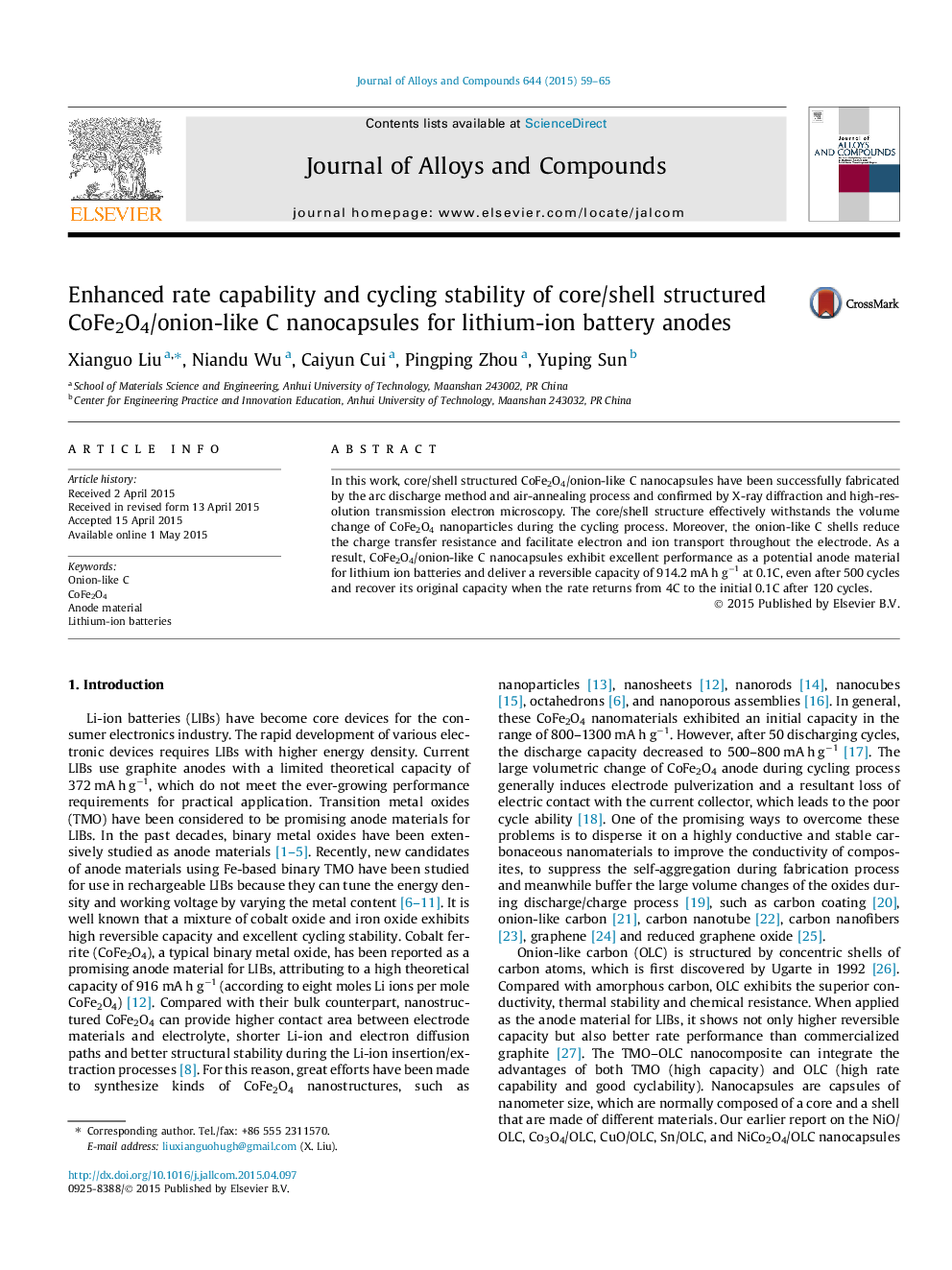 Enhanced rate capability and cycling stability of core/shell structured CoFe2O4/onion-like C nanocapsules for lithium-ion battery anodes