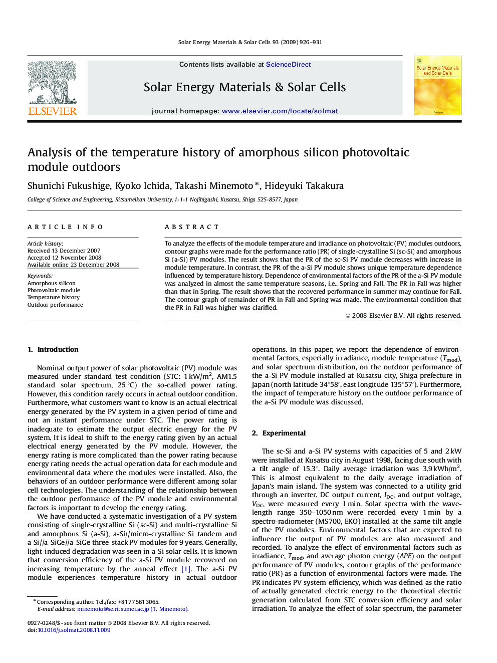 Analysis of the temperature history of amorphous silicon photovoltaic module outdoors