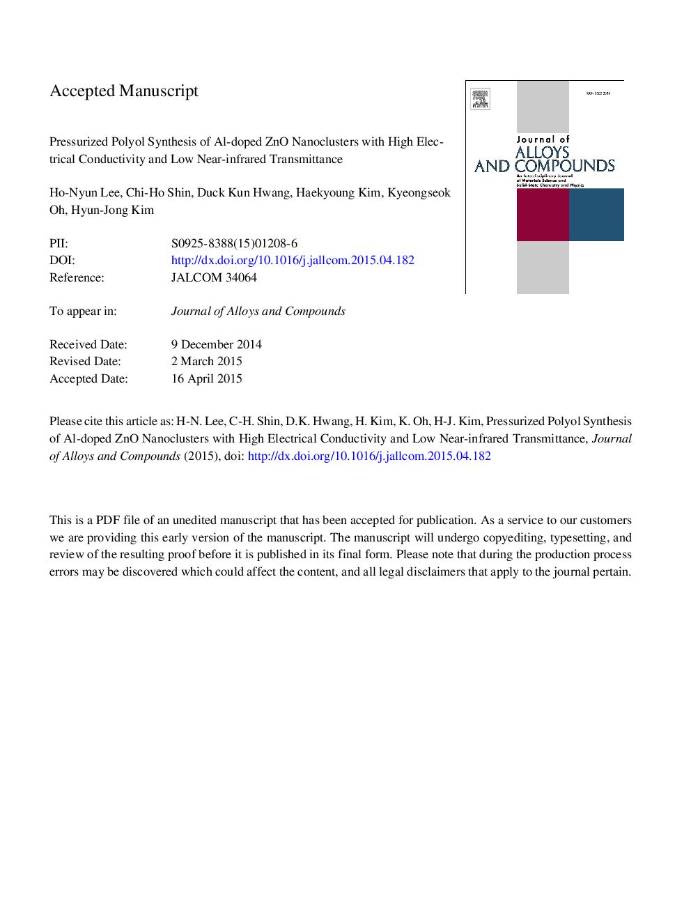 Pressurized polyol synthesis of Al-doped ZnO nanoclusters with high electrical conductivity and low near-infrared transmittance