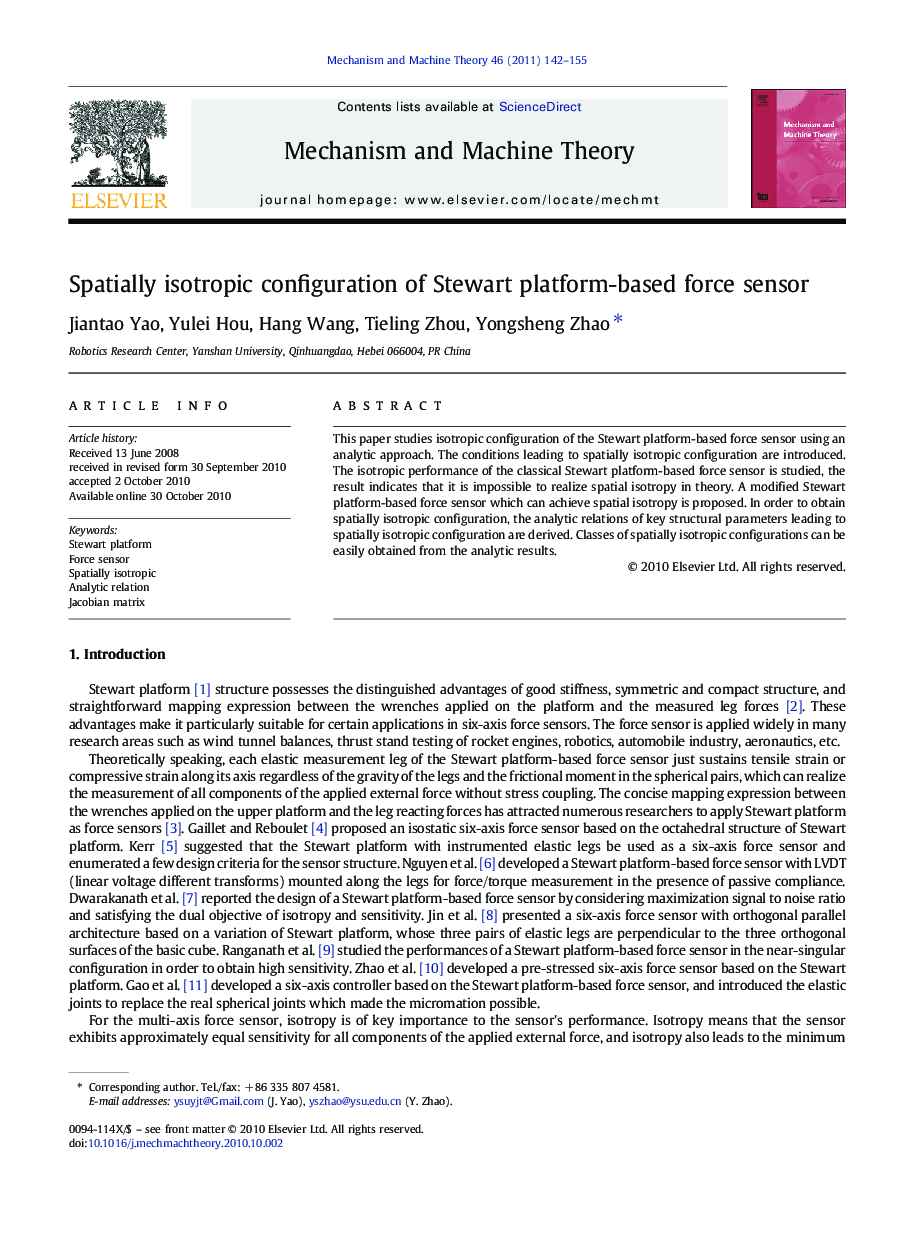 Spatially isotropic configuration of Stewart platform-based force sensor