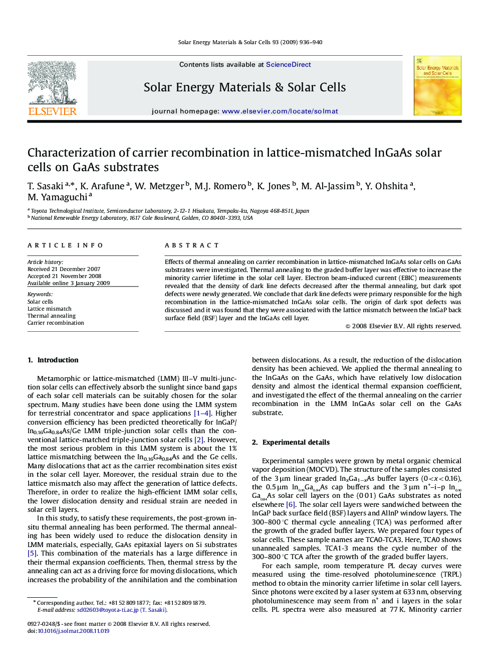 Characterization of carrier recombination in lattice-mismatched InGaAs solar cells on GaAs substrates