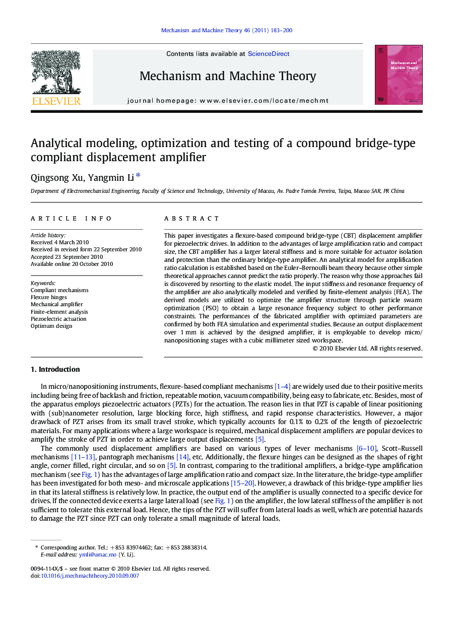 Analytical modeling, optimization and testing of a compound bridge-type compliant displacement amplifier