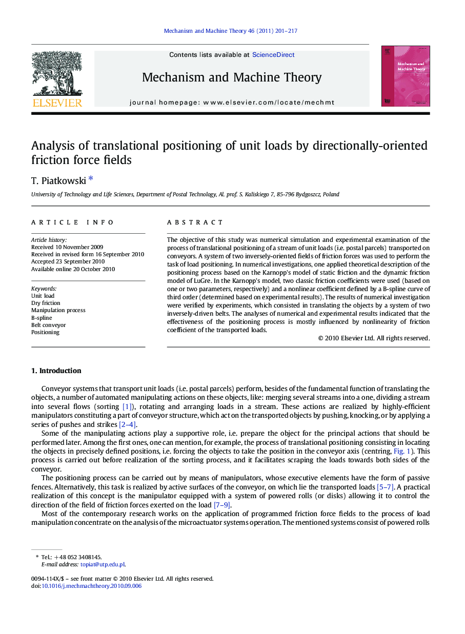 Analysis of translational positioning of unit loads by directionally-oriented friction force fields