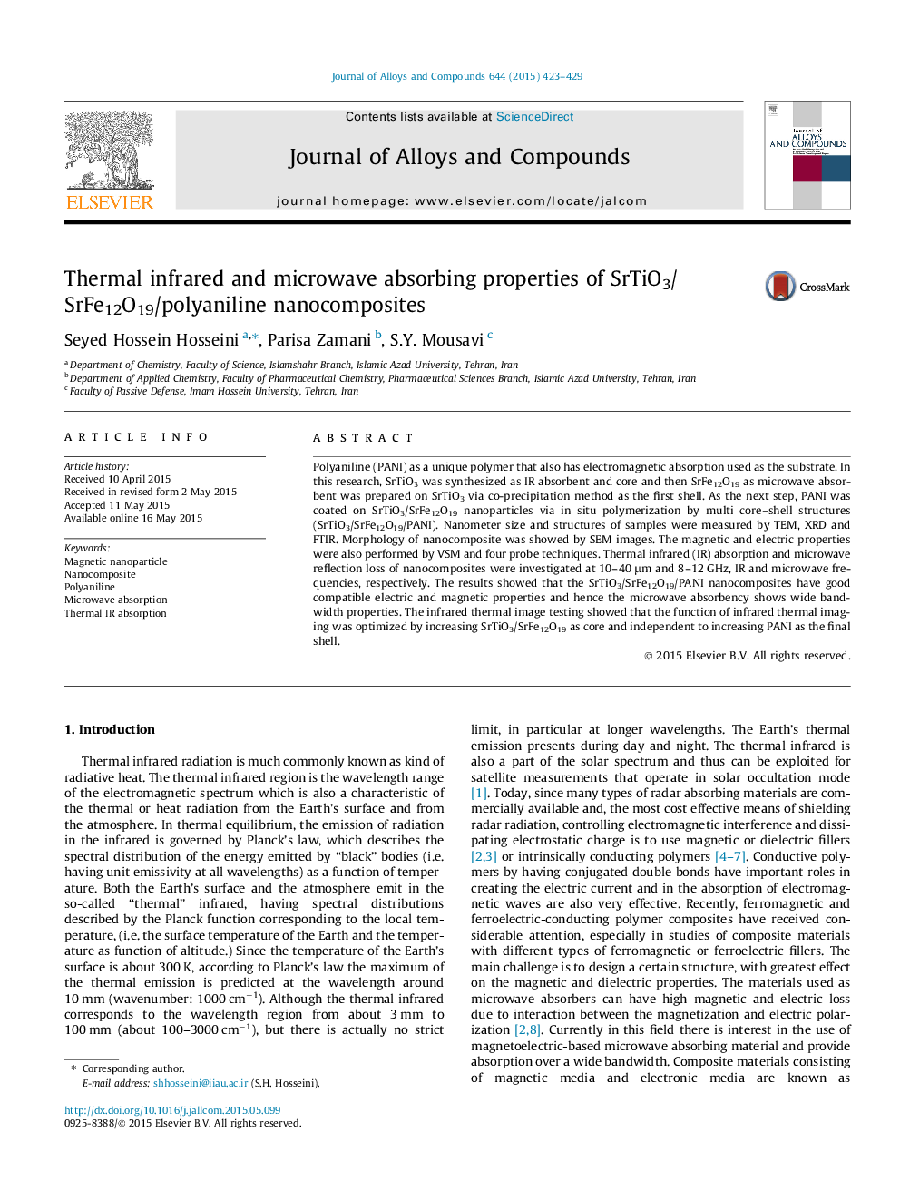 Thermal infrared and microwave absorbing properties of SrTiO3/SrFe12O19/polyaniline nanocomposites