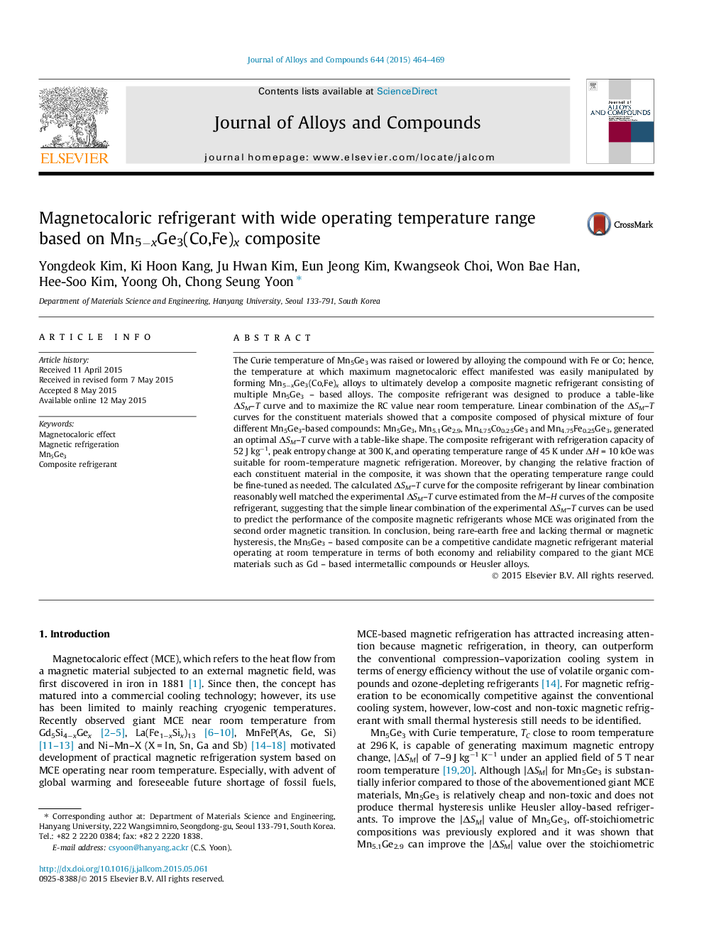 Magnetocaloric refrigerant with wide operating temperature range based on Mn5âxGe3(Co,Fe)x composite