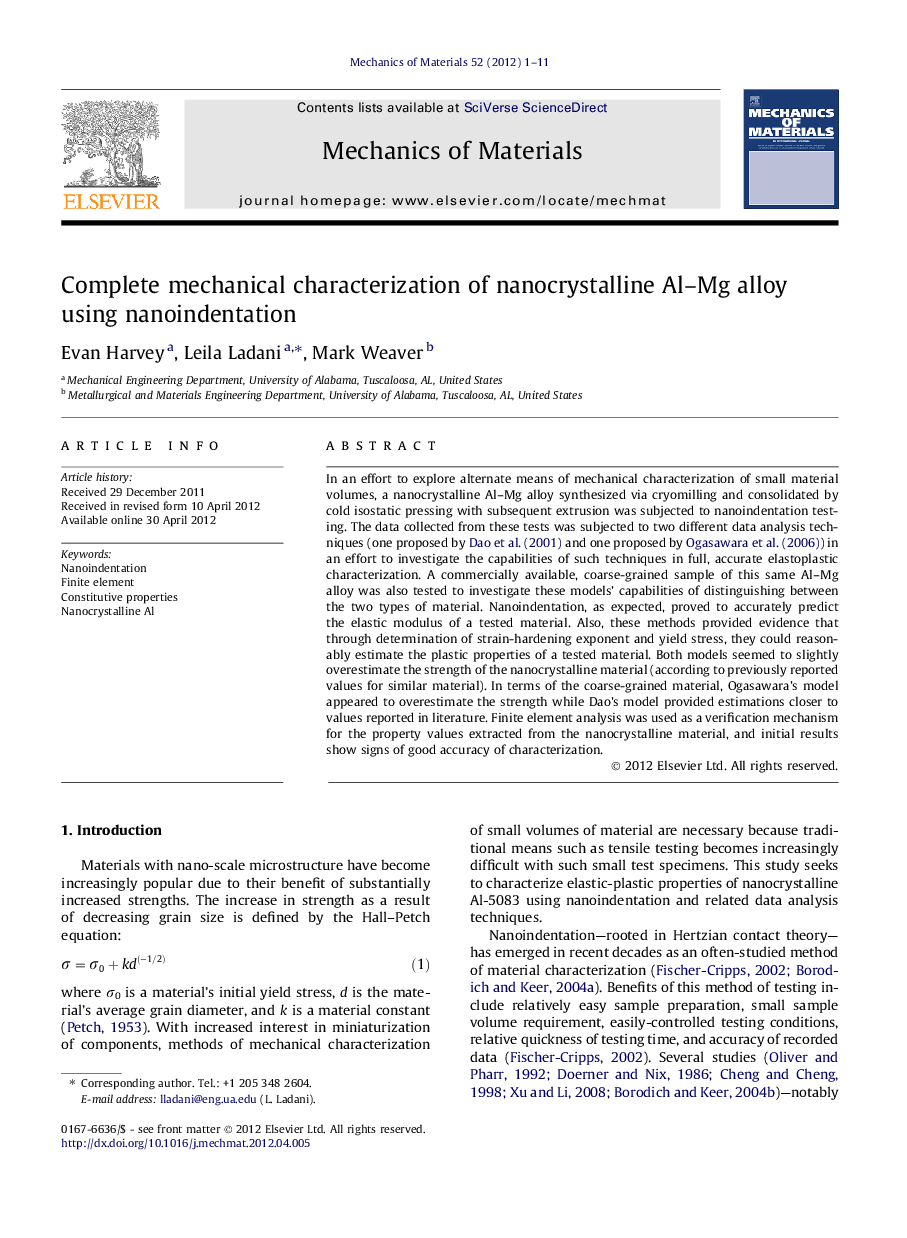 Complete mechanical characterization of nanocrystalline Al–Mg alloy using nanoindentation