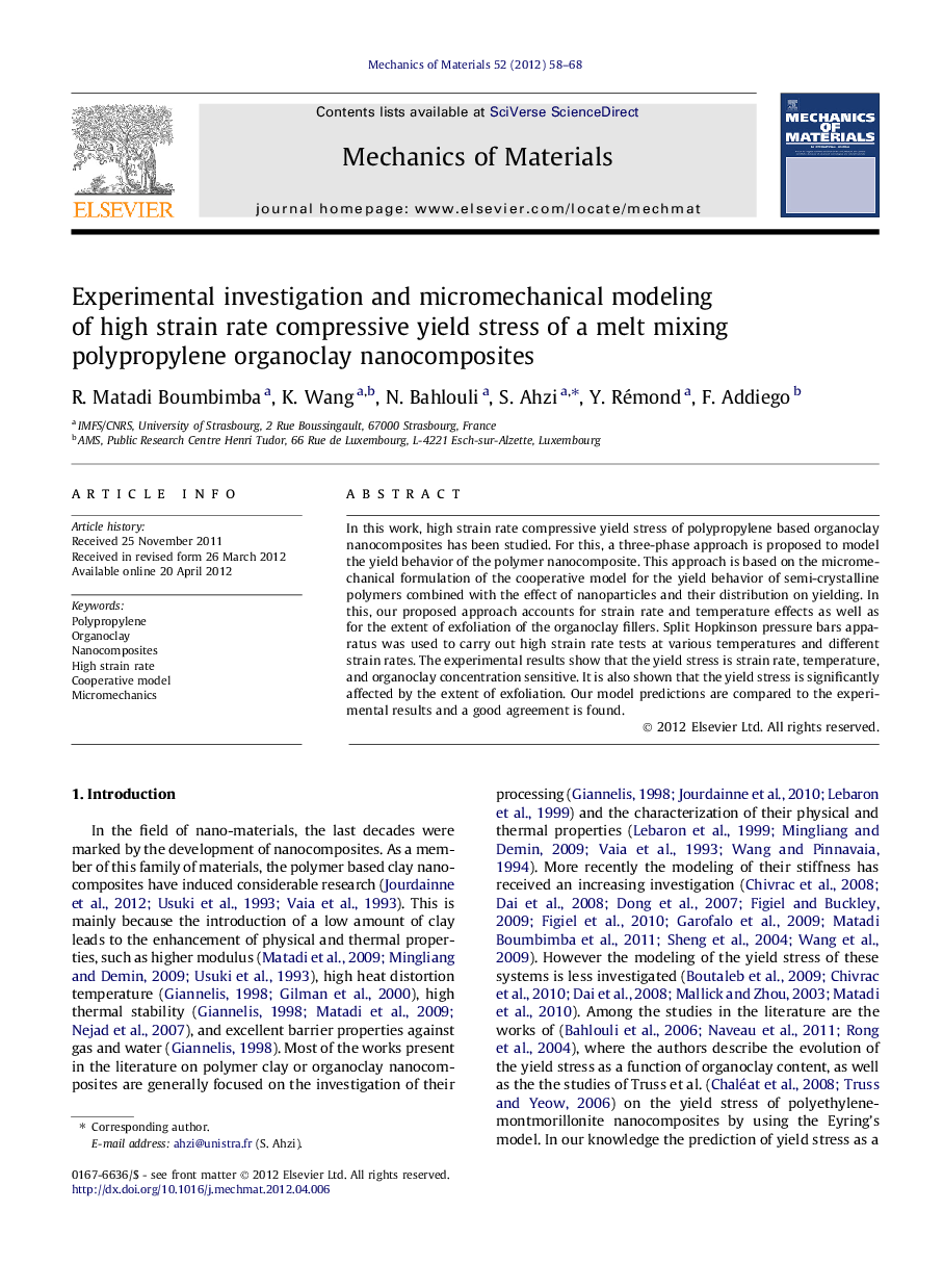 Experimental investigation and micromechanical modeling of high strain rate compressive yield stress of a melt mixing polypropylene organoclay nanocomposites