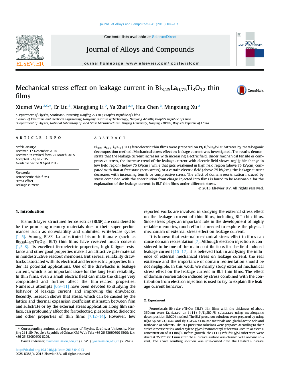 Mechanical stress effect on leakage current in Bi3.25La0.75Ti3O12 thin films