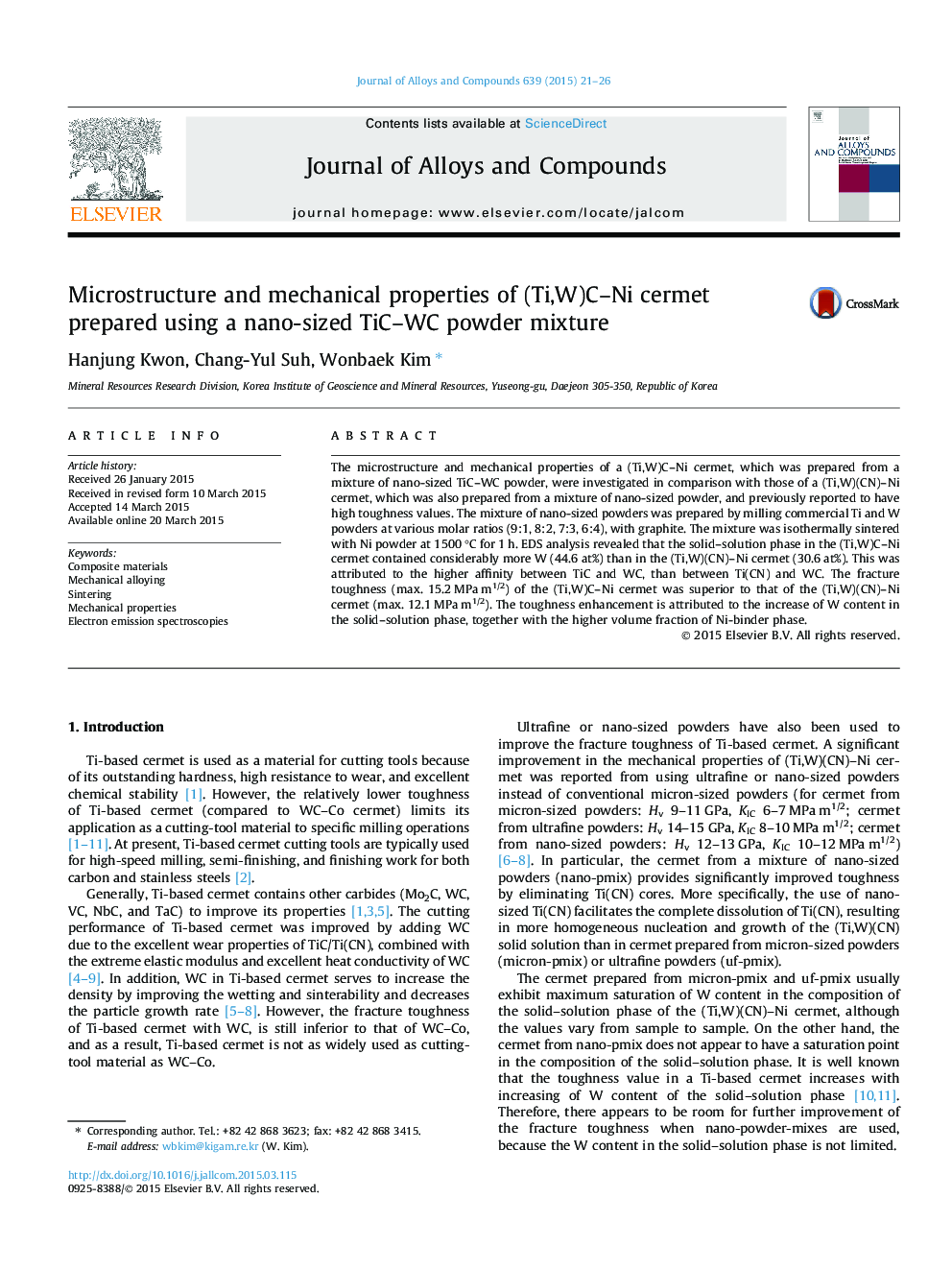 Microstructure and mechanical properties of (Ti,W)C-Ni cermet prepared using a nano-sized TiC-WC powder mixture