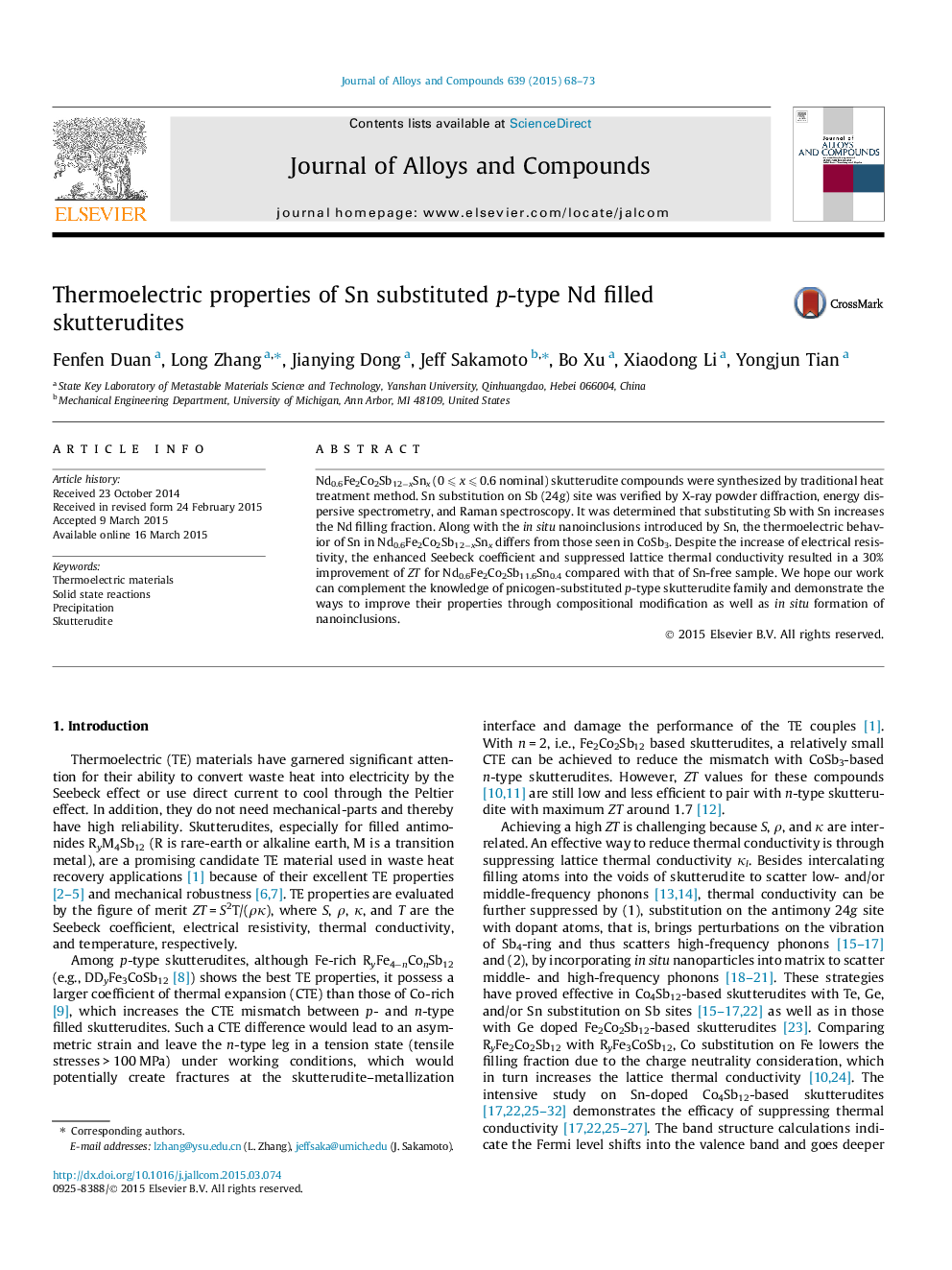 عکس صفحه اول مقاله: Thermoelectric properties of Sn substituted p-type Nd filled skutterudites Thermoelectric properties of Sn substituted p-type Nd filled skutterudites