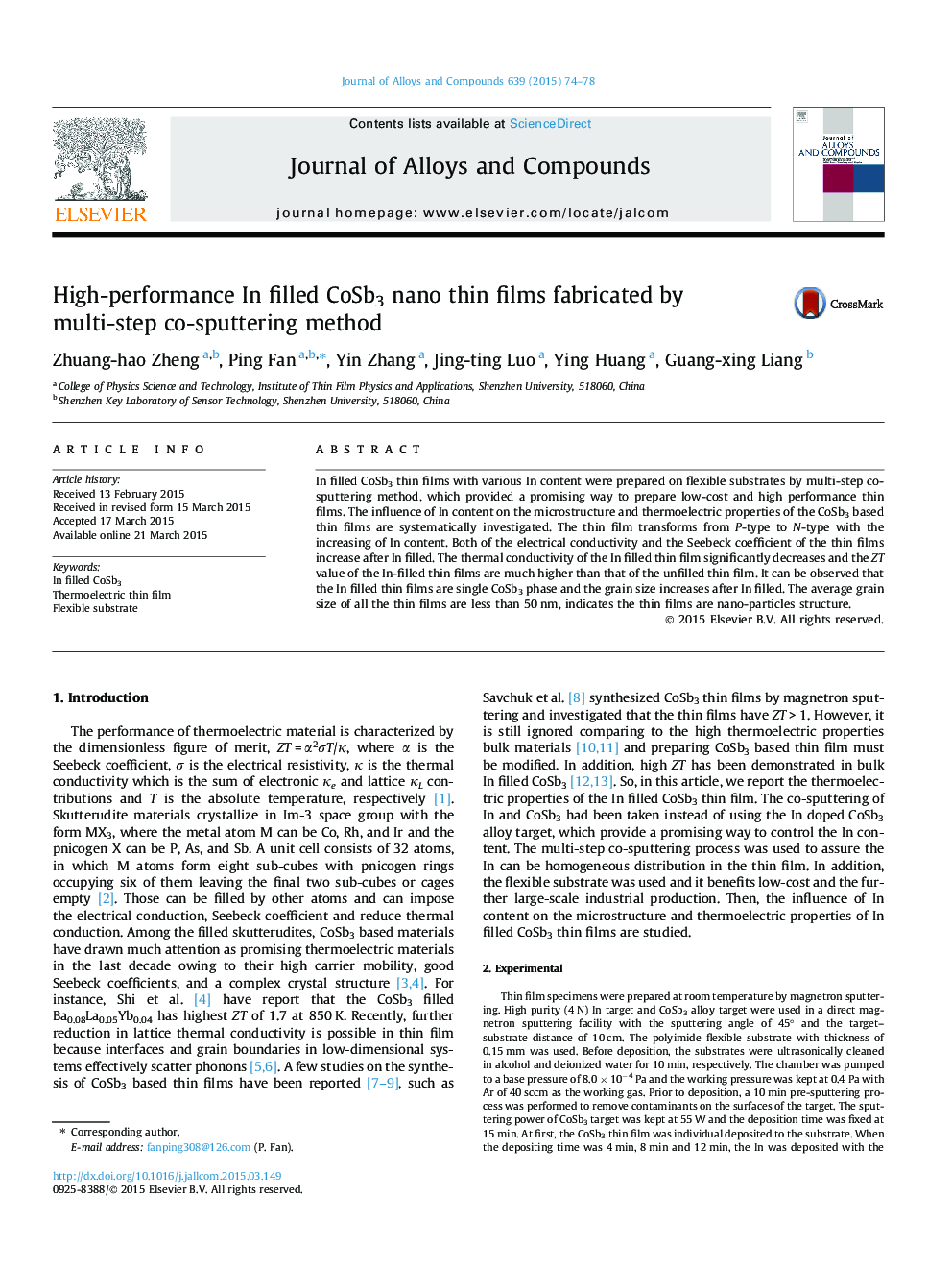 High-performance In filled CoSb3 nano thin films fabricated by multi-step co-sputtering method