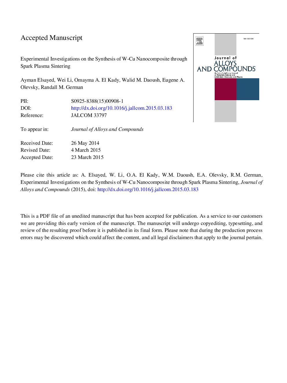 Experimental investigations on the synthesis of W-Cu nanocomposite through spark plasma sintering
