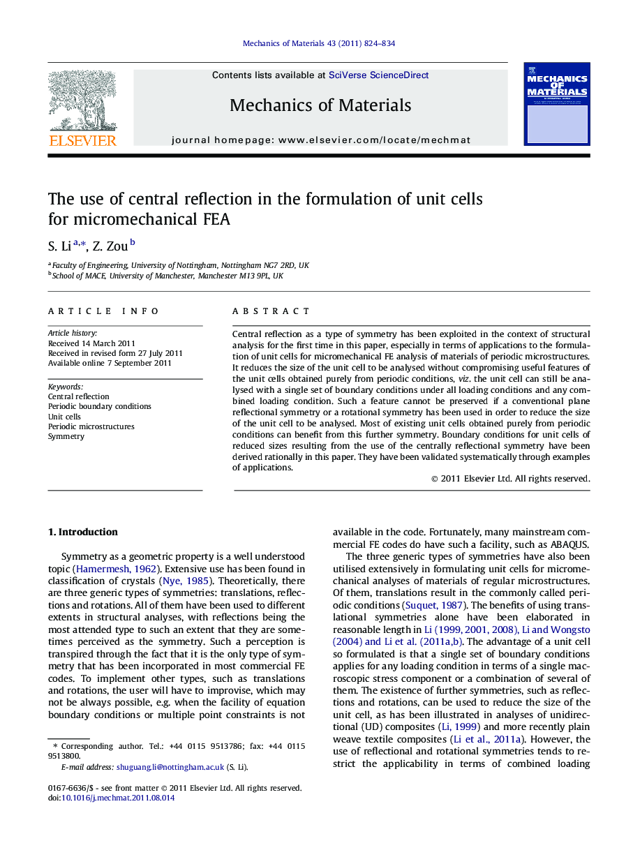 The use of central reflection in the formulation of unit cells for micromechanical FEA