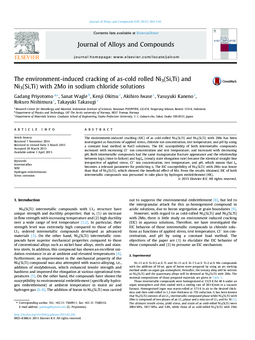 The environment-induced cracking of as-cold rolled Ni3(Si,Ti) and Ni3(Si,Ti) with 2Mo in sodium chloride solutions