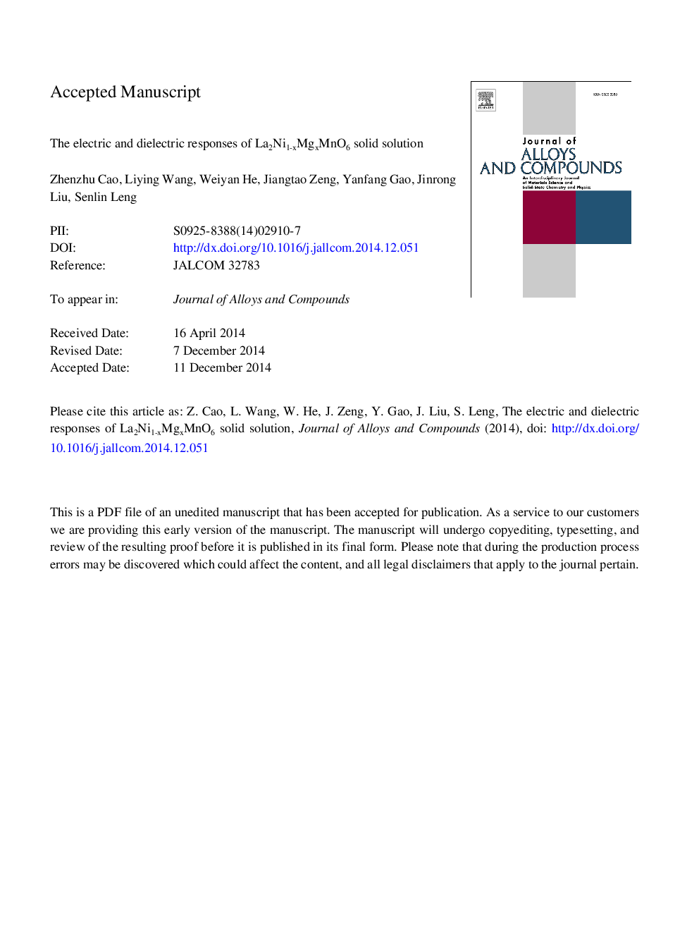 The electric and dielectric responses of La2Ni1âxMgxMnO6 solid solution