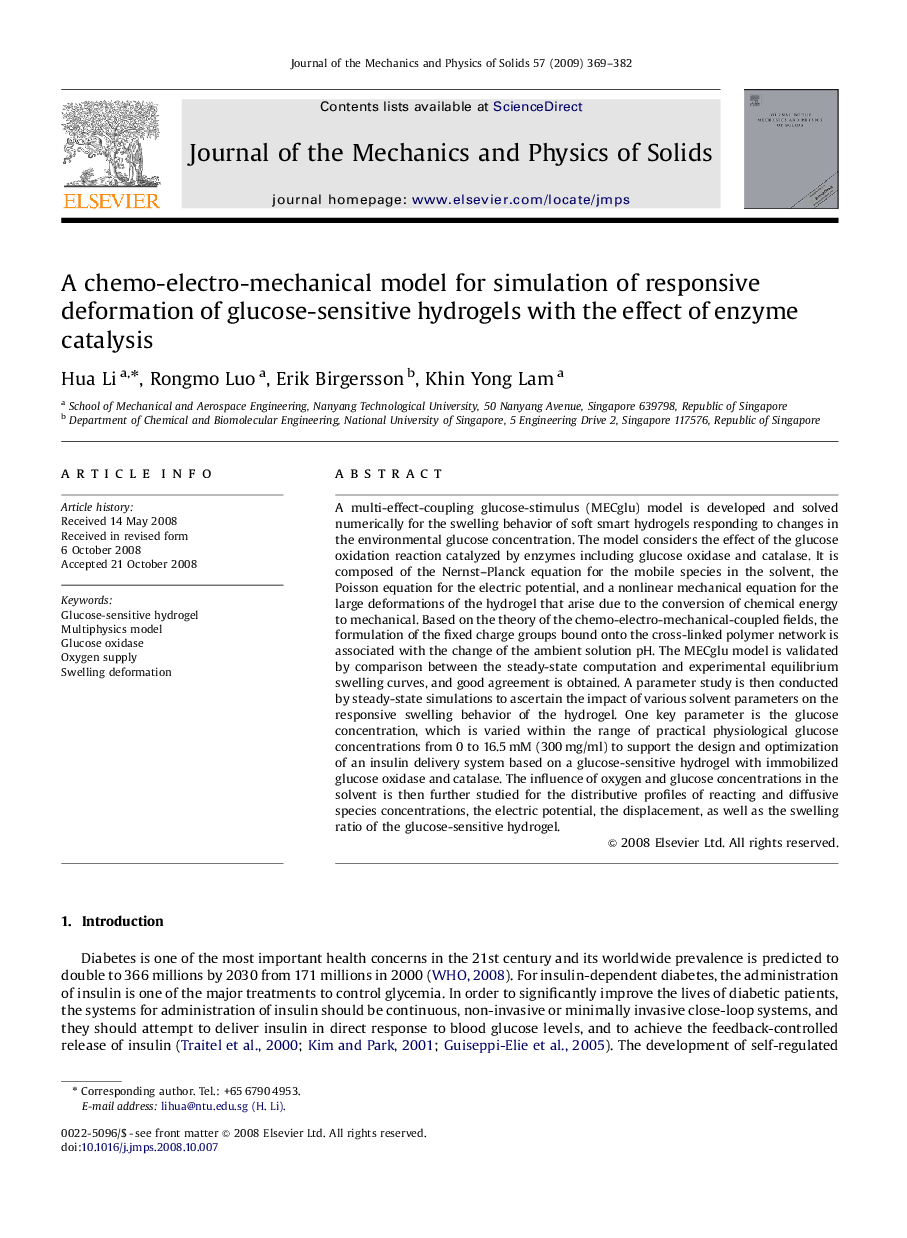 A chemo-electro-mechanical model for simulation of responsive deformation of glucose-sensitive hydrogels with the effect of enzyme catalysis