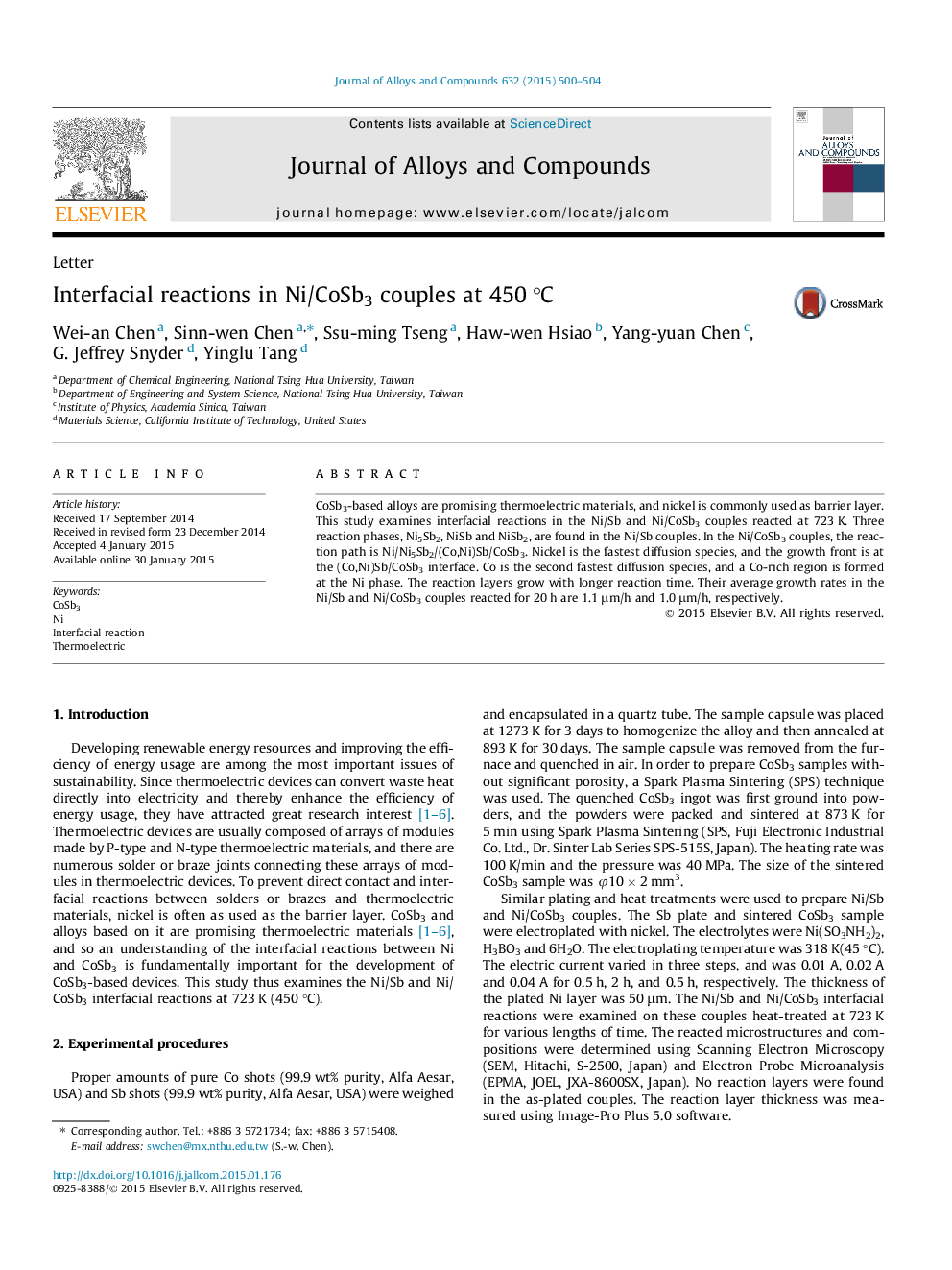 Interfacial reactions in Ni/CoSb3 couples at 450Â Â°C