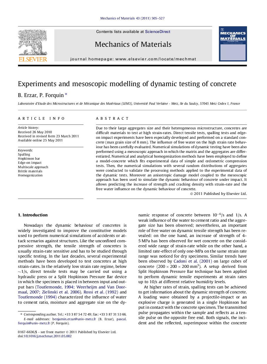 Experiments and mesoscopic modelling of dynamic testing of concrete