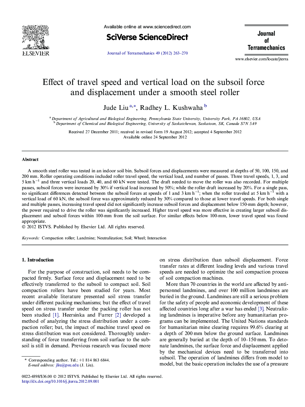 Effect of travel speed and vertical load on the subsoil force and displacement under a smooth steel roller