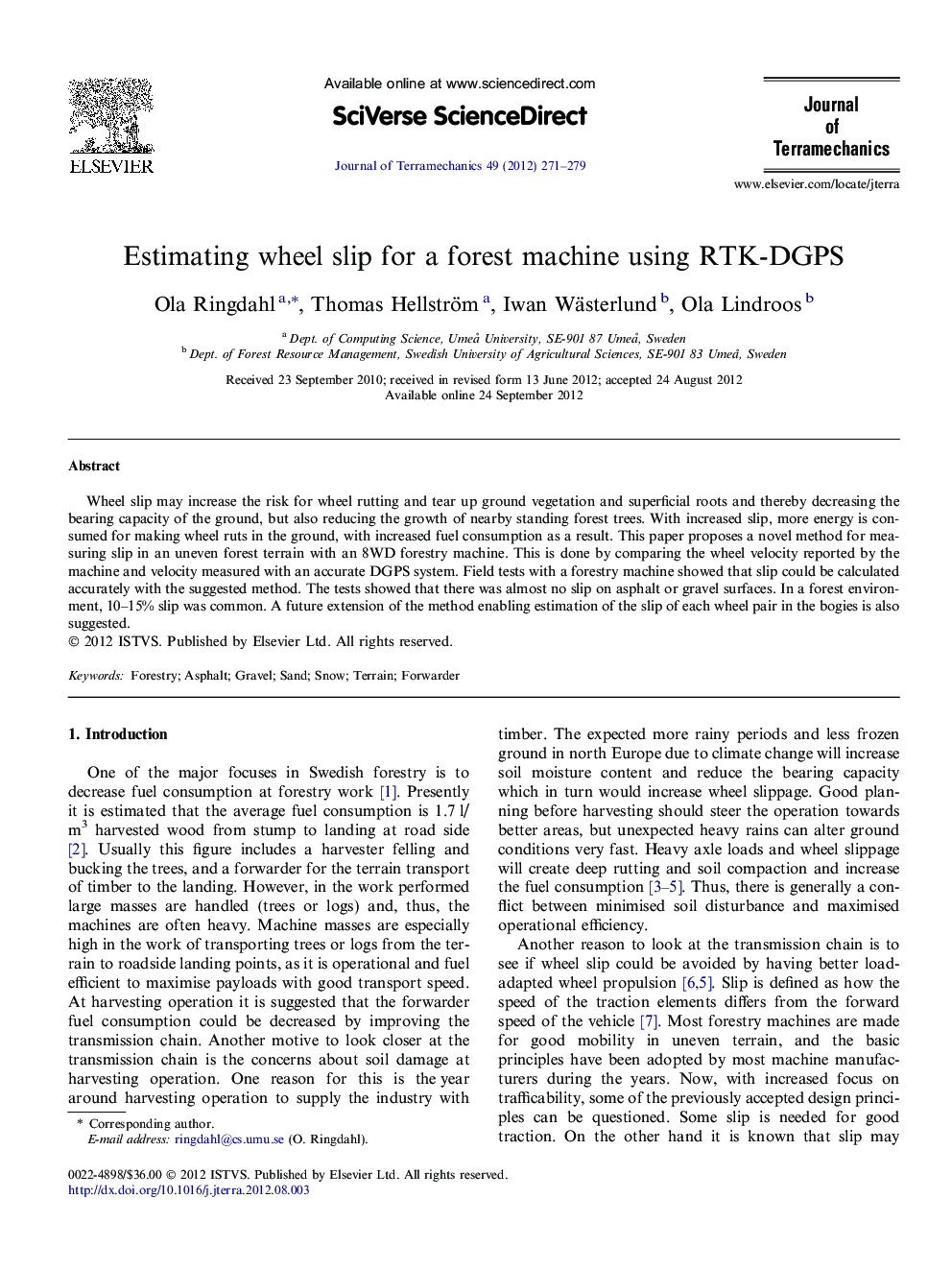 Estimating wheel slip for a forest machine using RTK-DGPS