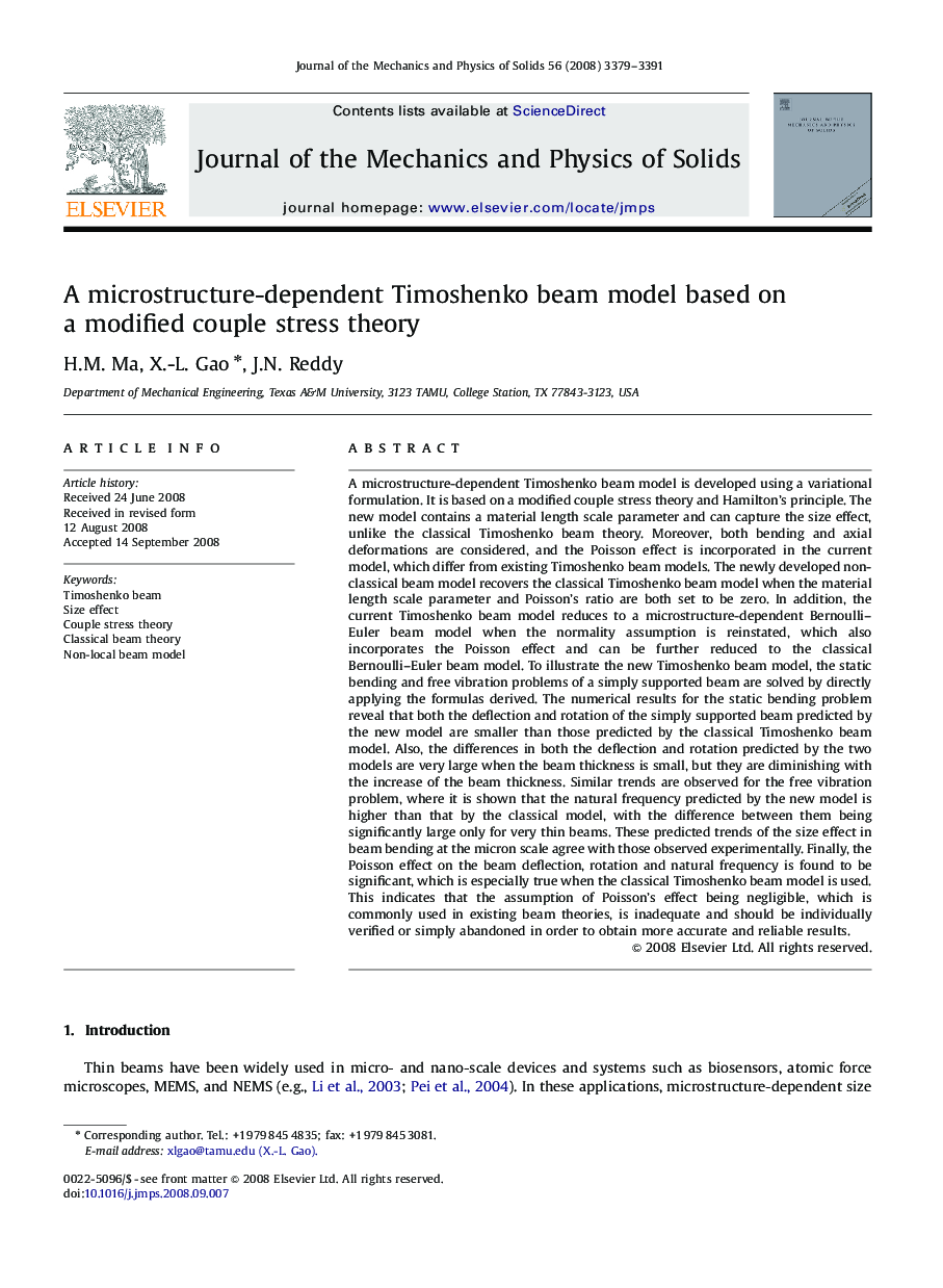 A microstructure-dependent Timoshenko beam model based on a modified couple stress theory