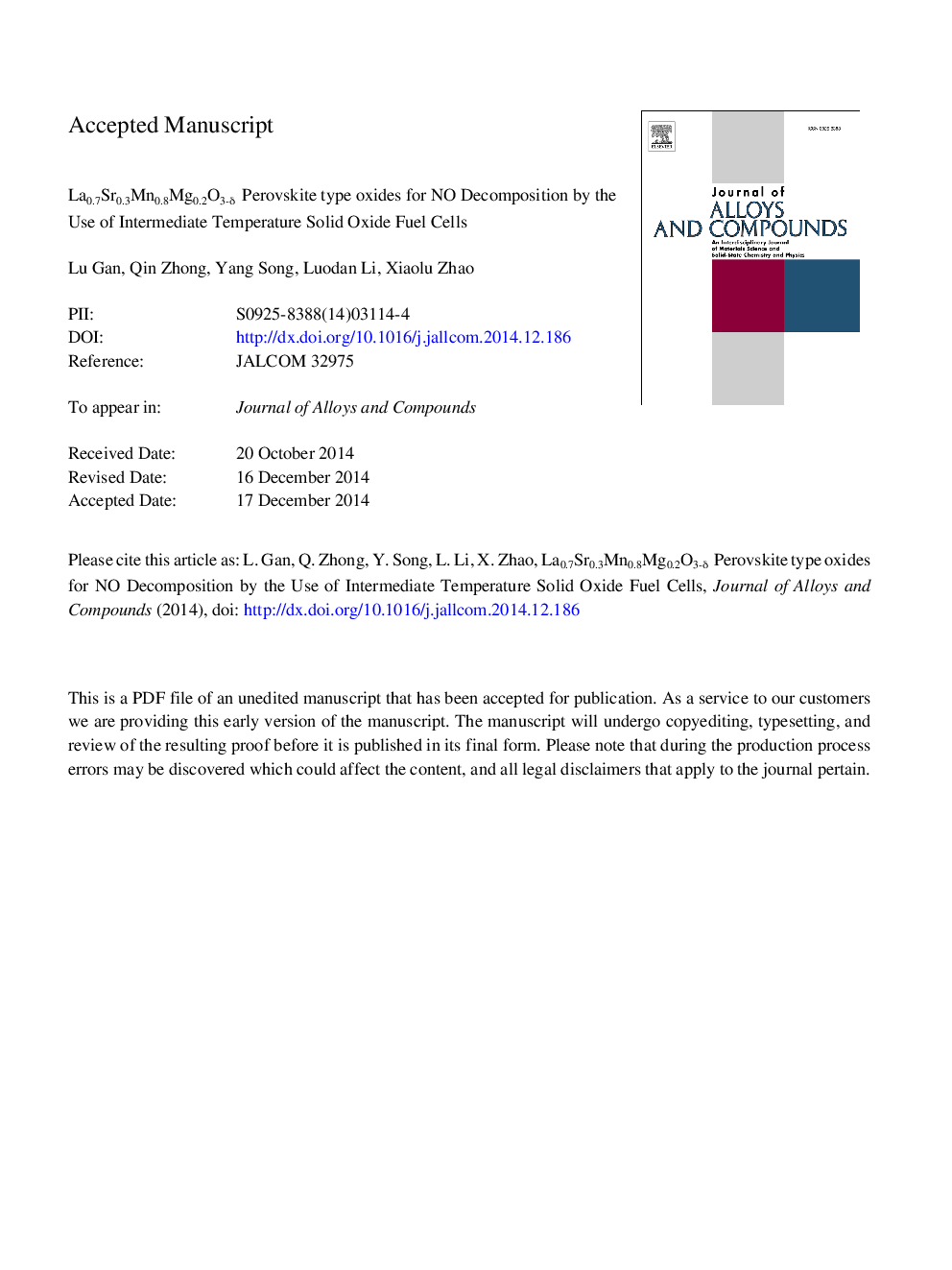 La0.7Sr0.3Mn0.8Mg0.2O3âÎ´ perovskite type oxides for NO decomposition by the use of intermediate temperature solid oxide fuel cells